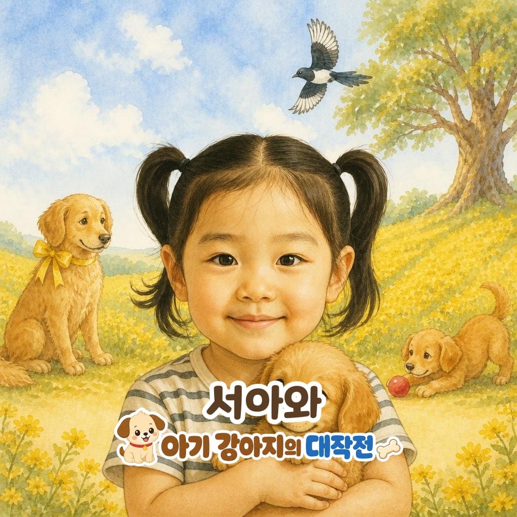 서아 어린이가 주인공인 동화책 표지 — 서아와 아기 강아지의 대작전