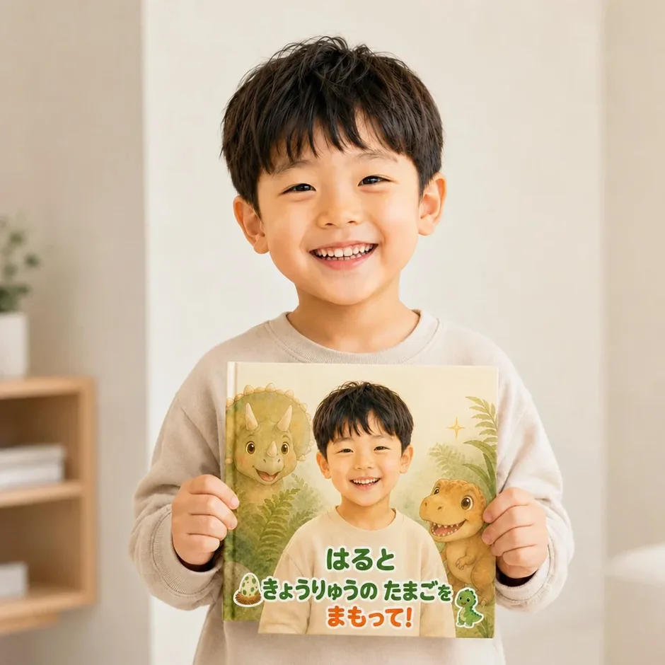 自分が主人公の恐竜絵本を手にする子ども