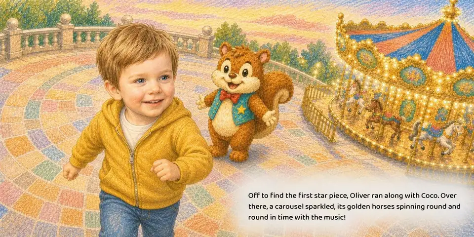 Interior spread from the current English Theme park sample book, story text set in the white cloud reading panel