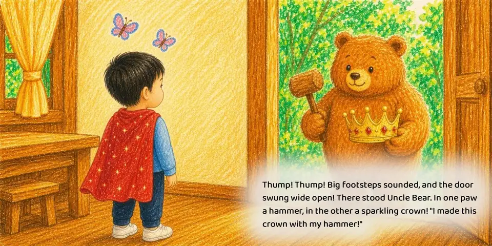 Interior spread from the current English Birthday sample book, story text set in the white cloud reading panel