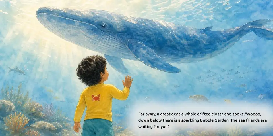 Interior spread from the current English Under the sea sample book, story text set in the white cloud reading panel