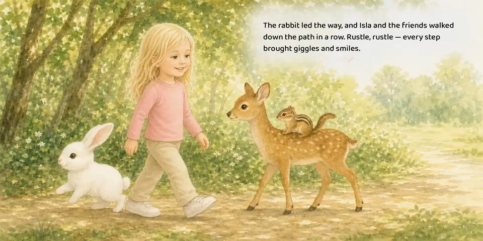 Interior spread from the current English Bunnies sample book, story text set in the white cloud reading panel