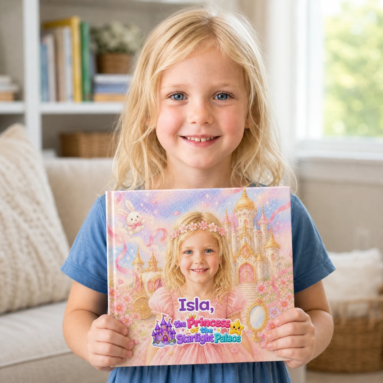 Isla holding her matching princess storybook
