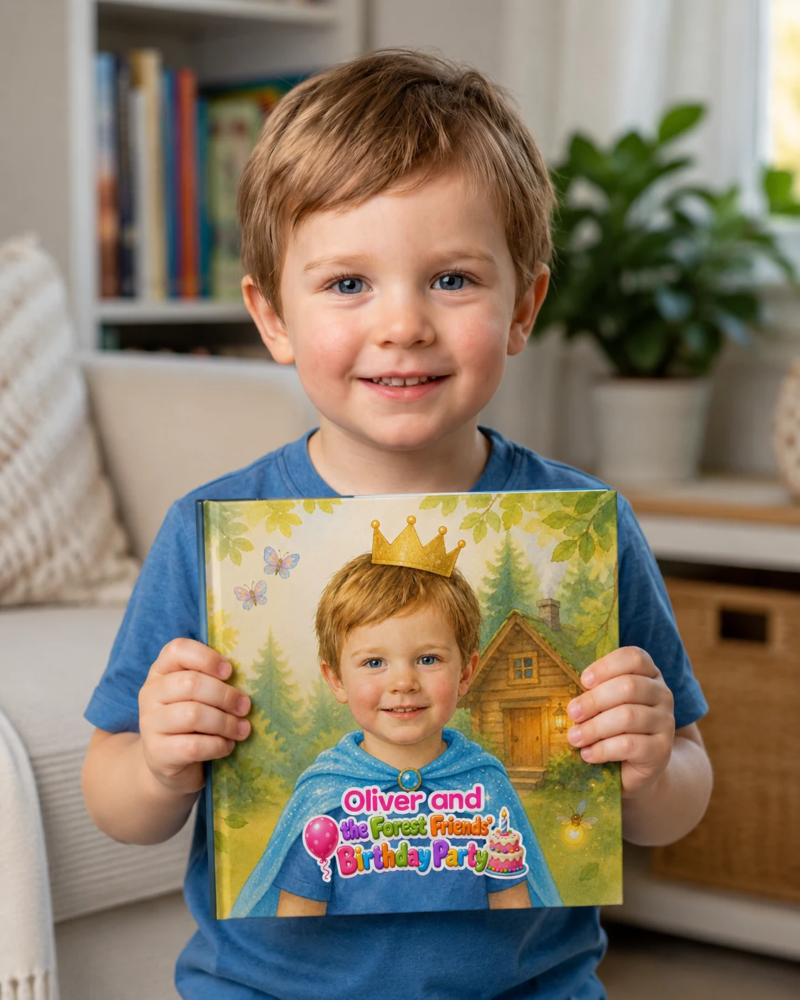 Oliver holding his matching birthday storybook
