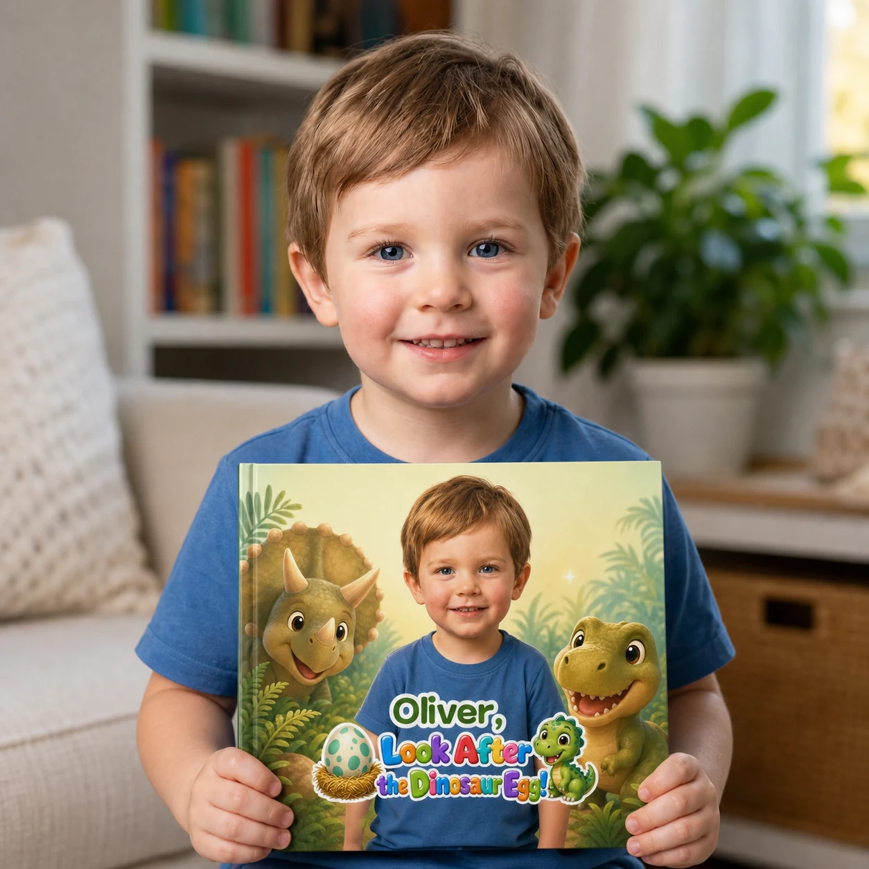 Oliver holding his matching dinosaur storybook