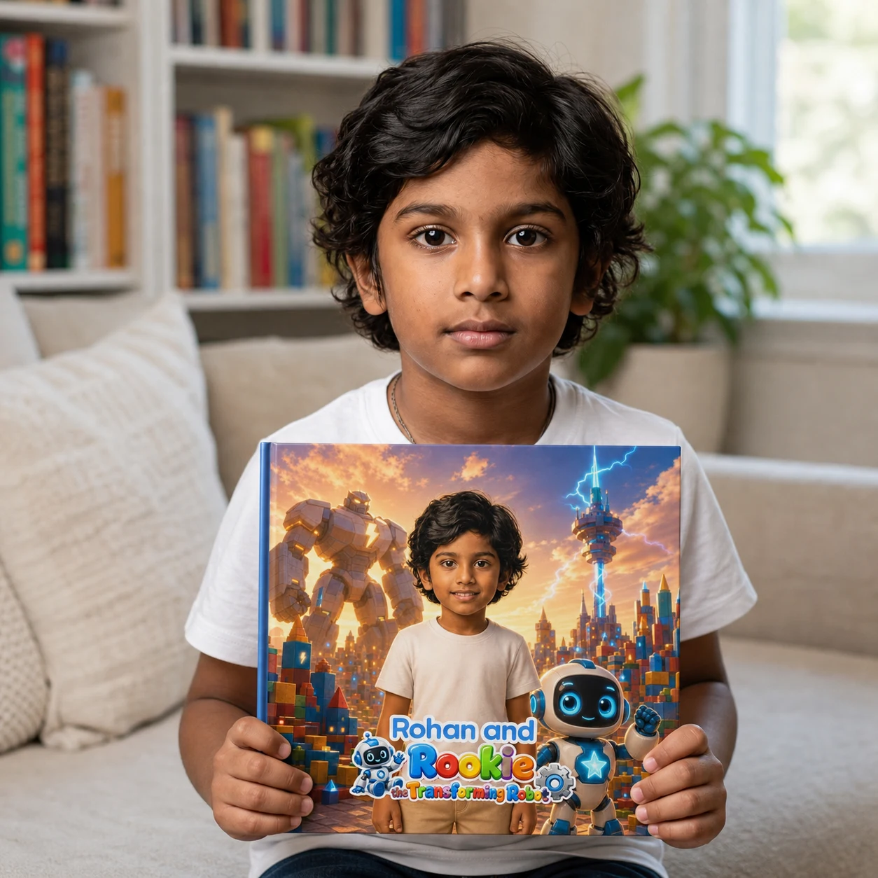 Rohan holding his matching robot storybook